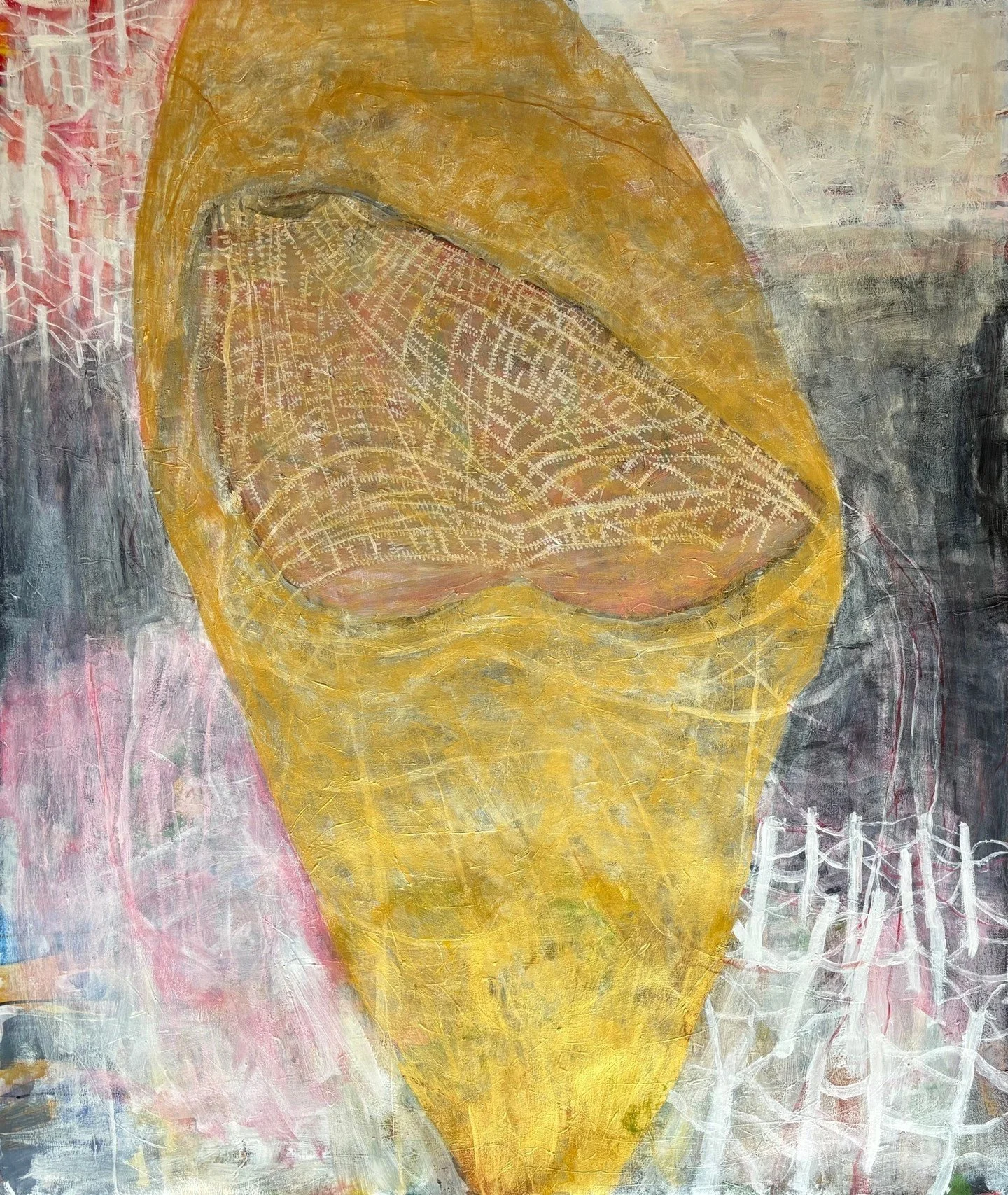 The Telling, acrylic (and metallic acrylic) on paper, 62 inches x 52 inches. Artist included in photo #2 to show scale. Last photo is image of the underpainting 

#largescalepaintingonpaper#acryliconpaper #goldmetallic #ellenburgin