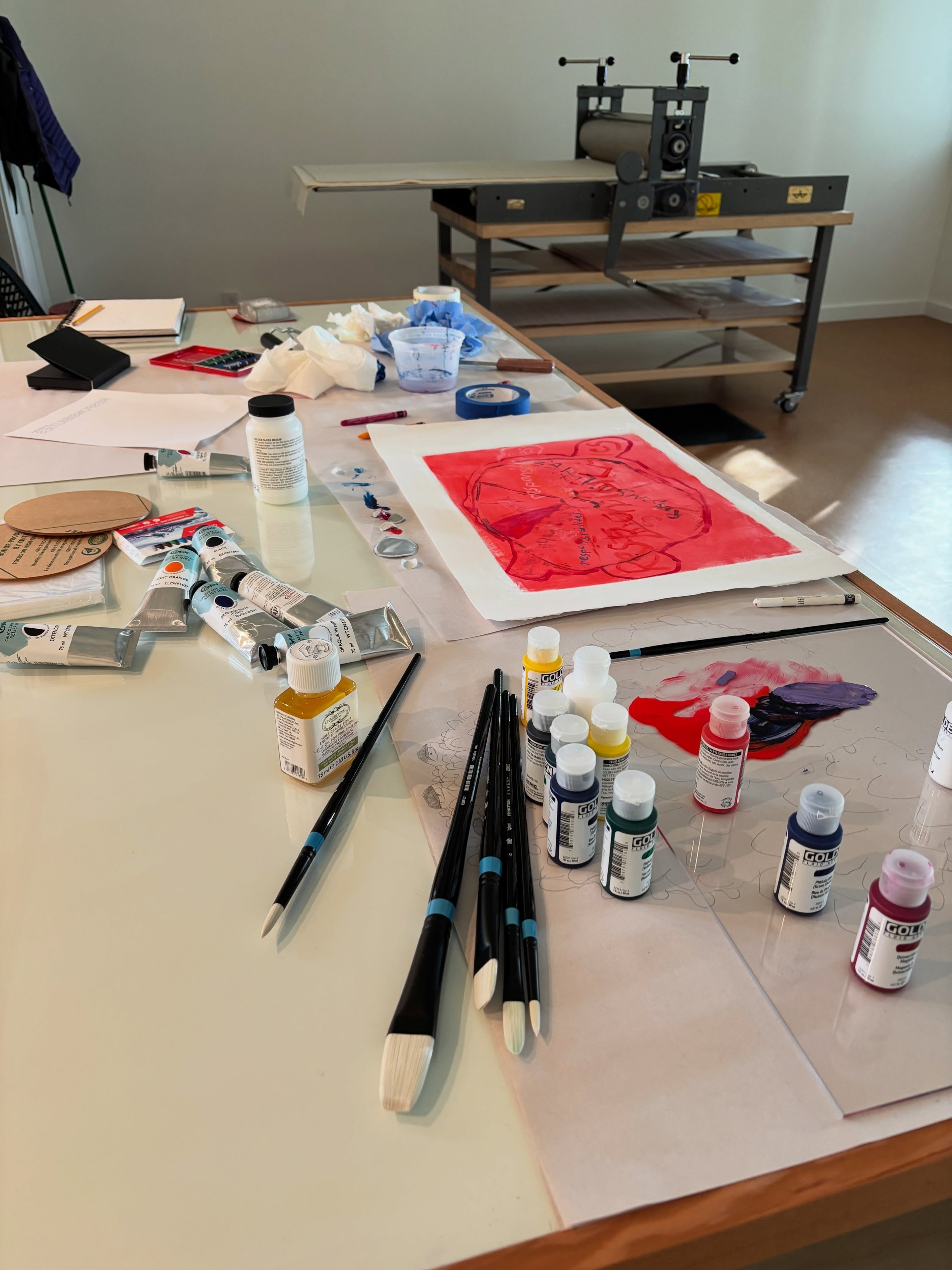 Getting settled into @vashonartistresidency. I have an amazing studio with an etching press and am warming up my printmaking muscles. Beyond grateful for this opportunity to work in such a beautiful place with other writers and artists. If you&rsquo;