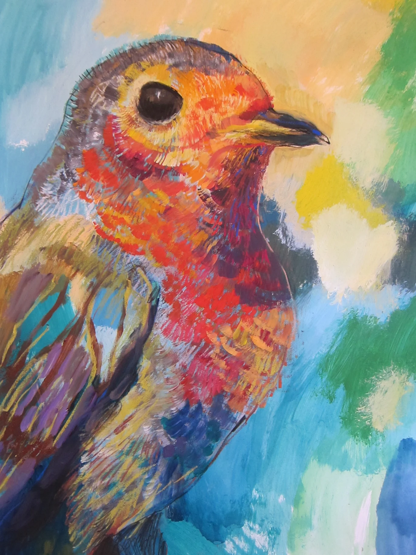 Perplexed Robin / 20" x 30" / Acrylic and pastels on paper