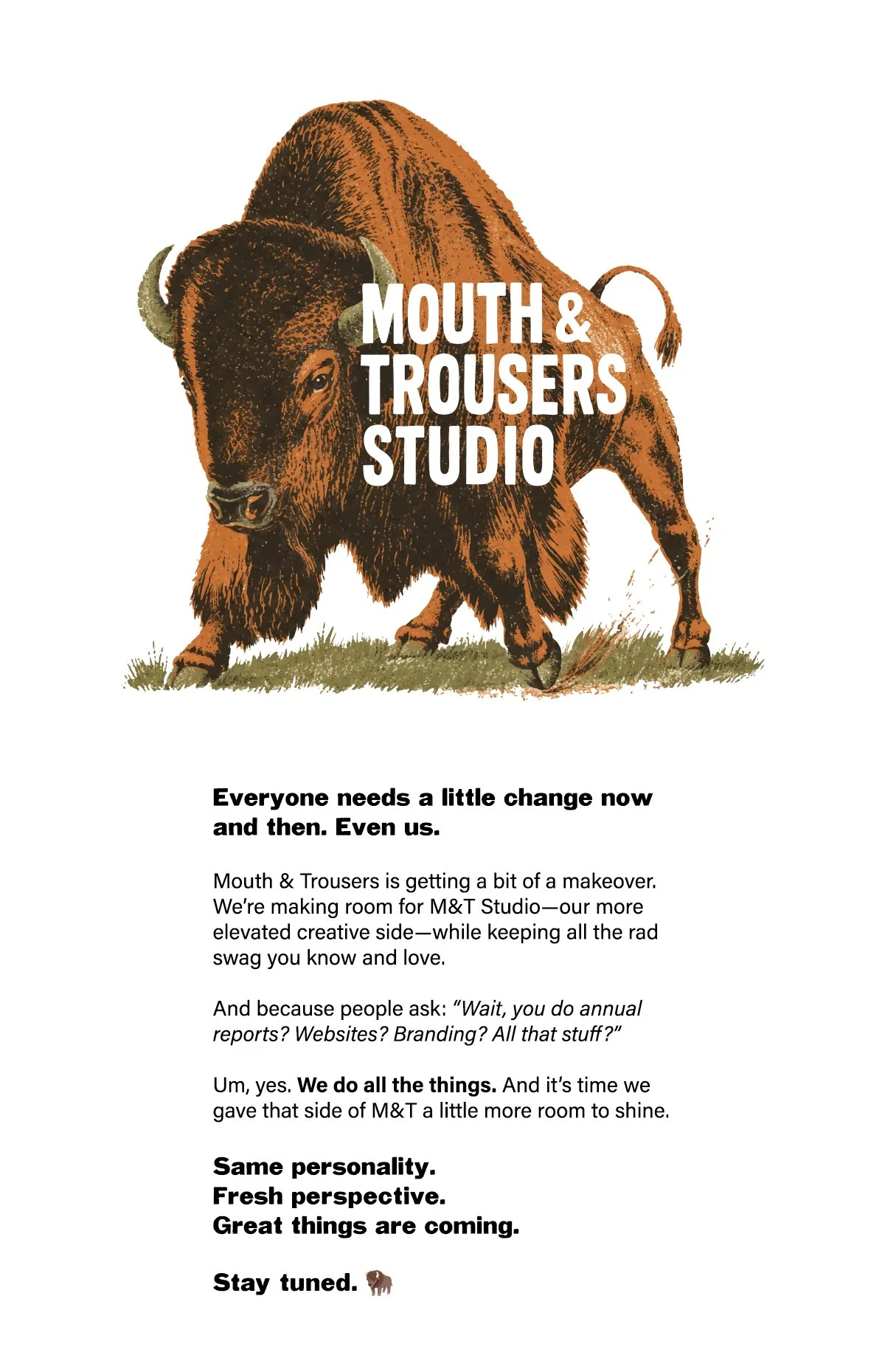 Vintage illustrated bison with bold white text reading ‘Mouth & Trousers Studio.