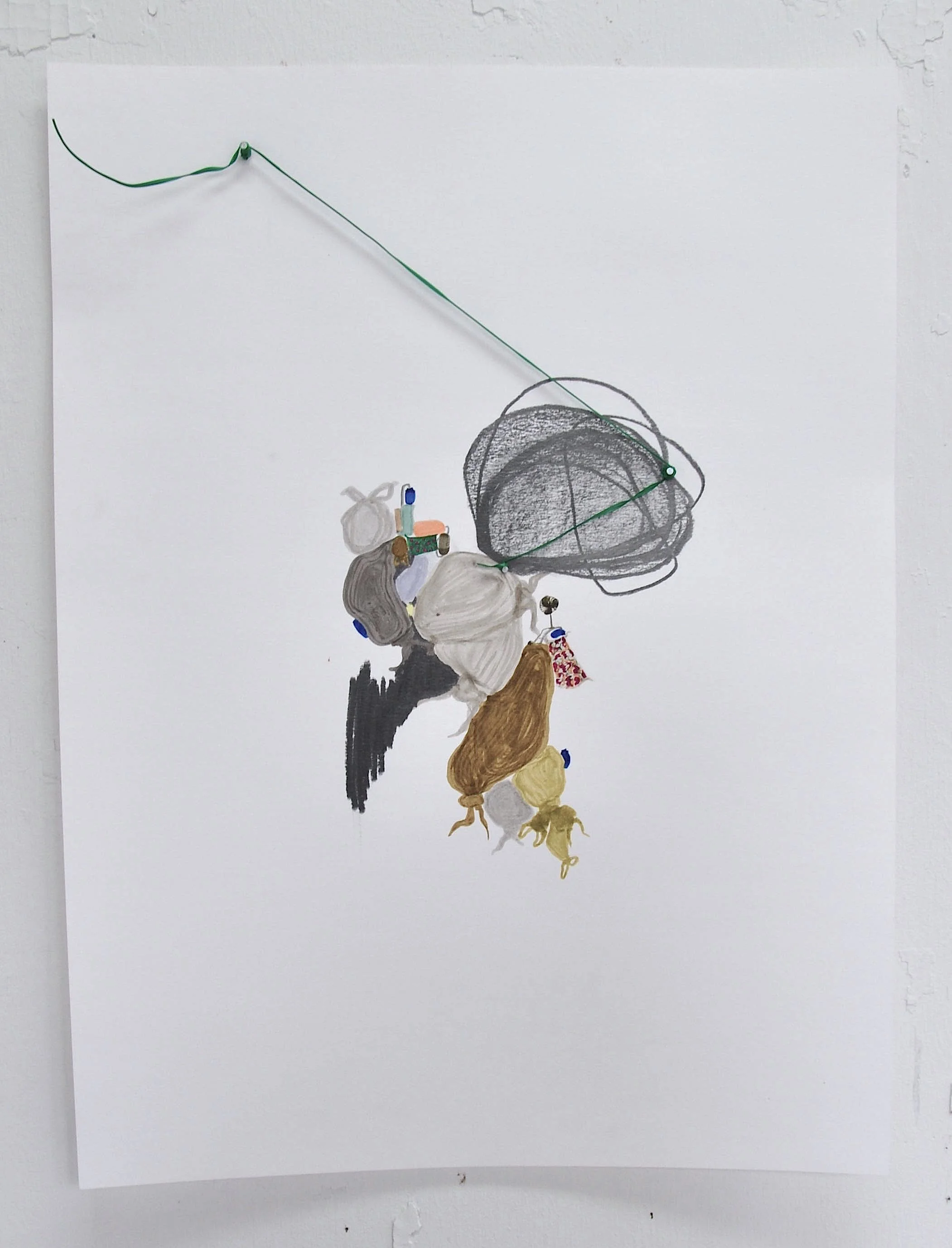 marker, graphite, green bending wire, nail 2015 18" x 24"