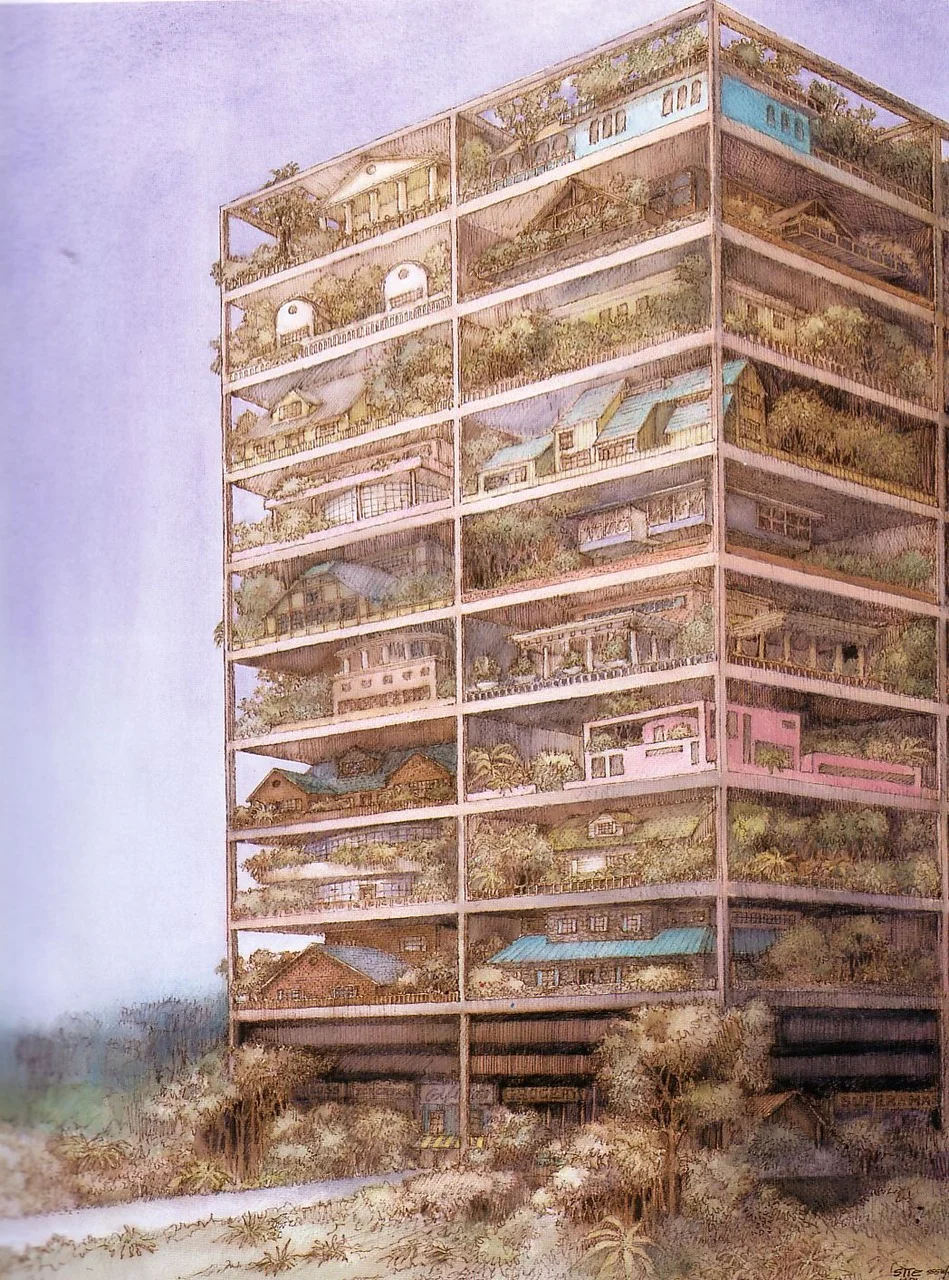 subtilitas:

James Wines / SITE - High-rise of homes, a proposal for vertically oriented suburbs in urban areas, 1981.