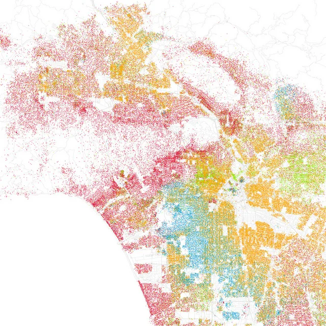 http://www.dailymail.co.uk/news/article-1315078/Race-maps-America.html
justanotherangelino:

Racial Map of Los Angeles. Each dot equals up to 25 people.Red: WhiteBlue: BlackGreen: AsianOrange: HispanicGray: “Other”
This is from the year 2000. 10 yea…