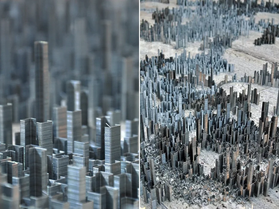 fuckyeaheyegasms:
thedailywhat:
Art Project of the Day: Mixed-media artist Peter Root’s 100,000-staple-strong cityscape, entitled “Ephemicropolis.”
Stacks of staples were broken into varying sizes from full stacks about 12cm high down to single s…