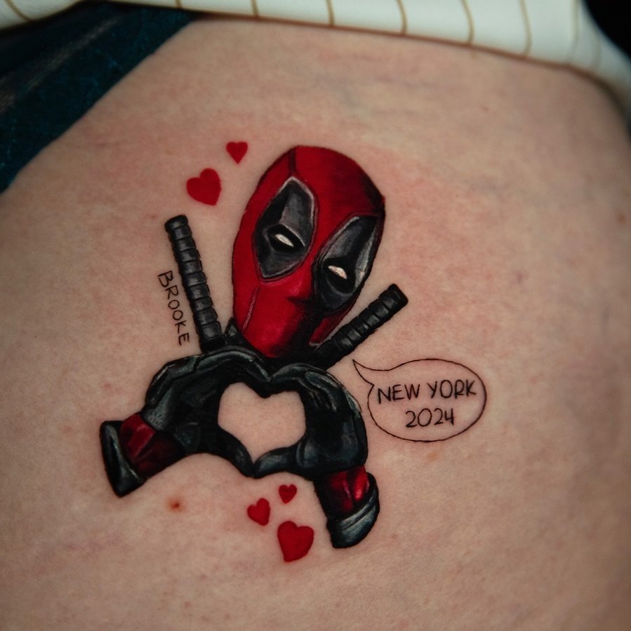 My client asked for a cheeky deadpool to document her long awaited trip to NYC and requested that I tattoo my name with it as a token. Bonus that this is on her tush! What a fun project for the day. Thank you so so much Nadia!! 
@firstclassnyc