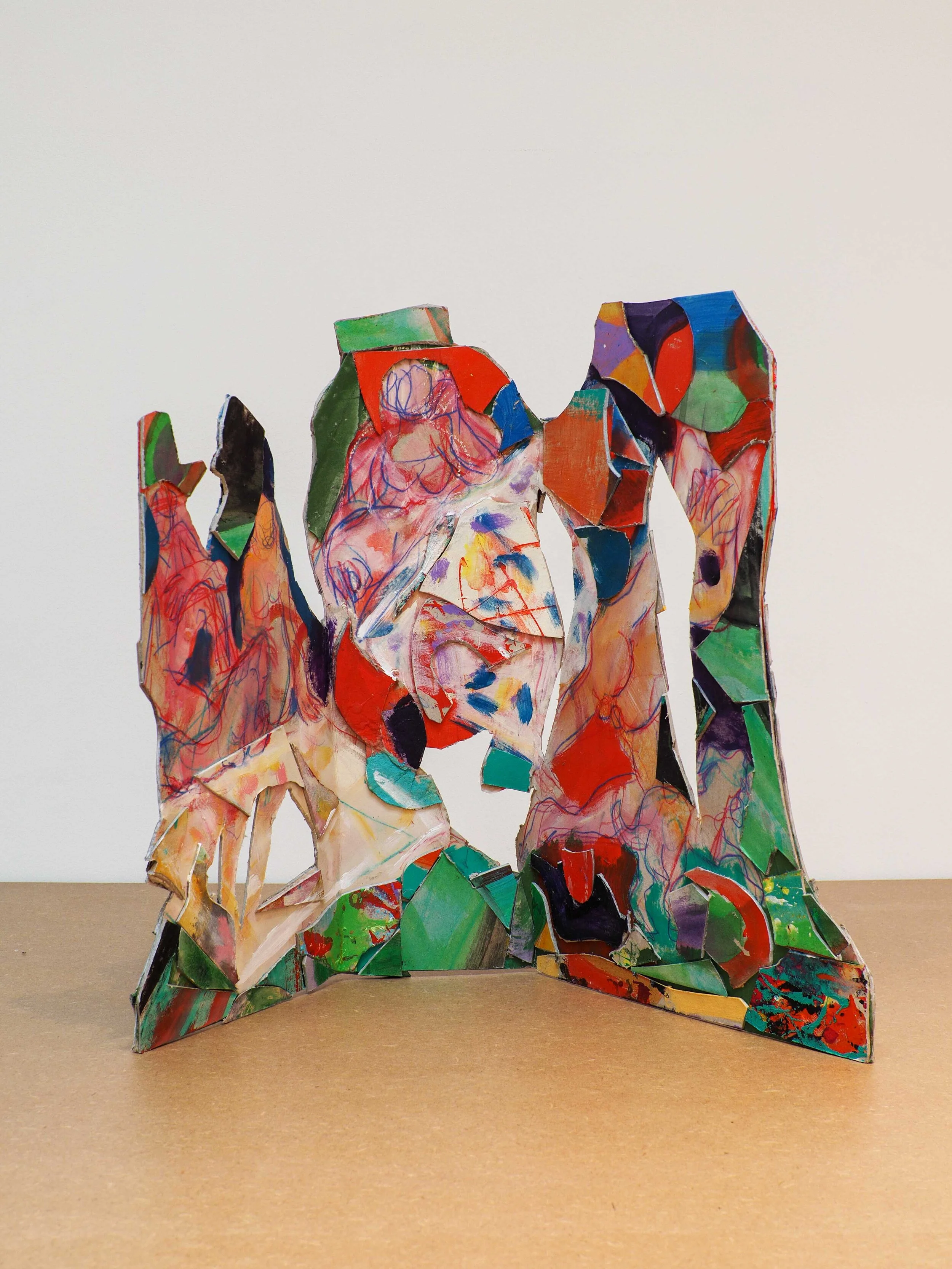 Anne Ryan,    Earnest Men / Picknickers and Dog , 2019, Acrylic and collage on card cutout, 50 x 50 x 40 cm © the artist, courtesy Greengrassi