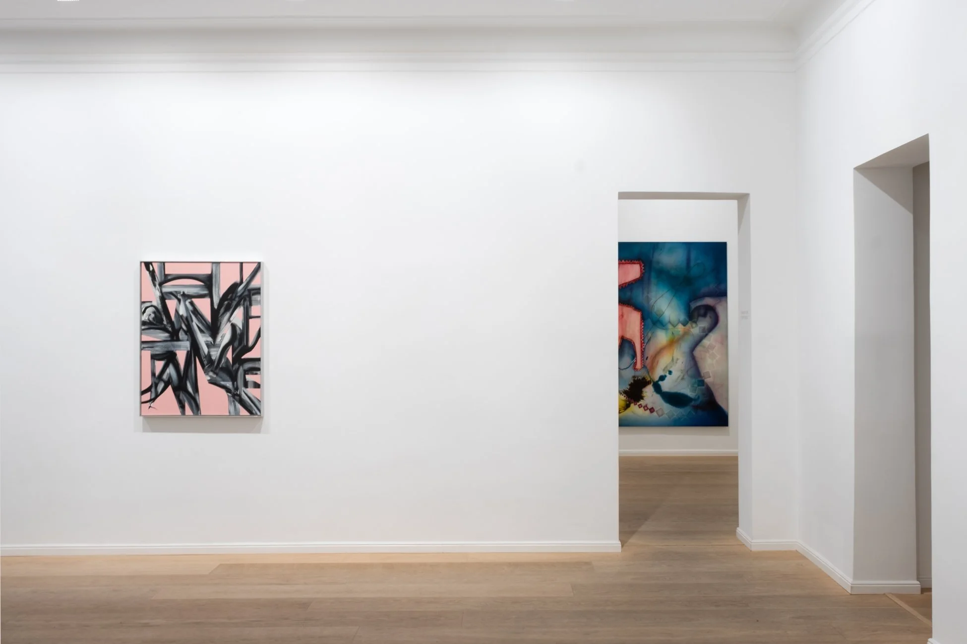 Installation view of group exhibition 'Thresholds'  (2025) at Larsen / Warner Stockholm - Sarah Dwyer - Elisabeth Frieberg - Jorunn Hancke Ougstad - Romana Londi - Aimee Parrott