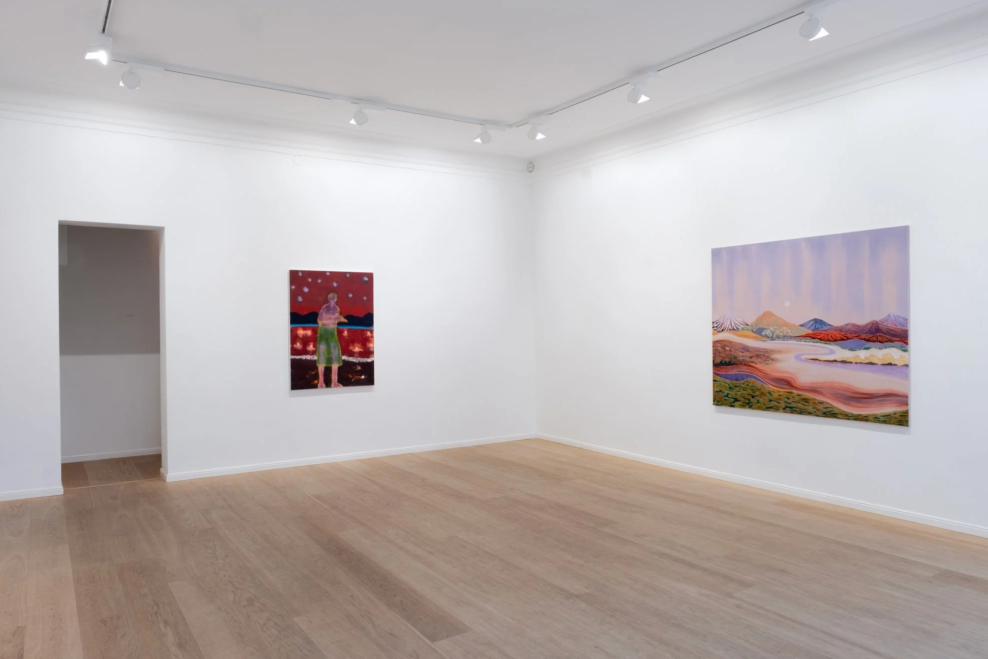 Installation view of group exhibition 'Travellers in the Mist'  (2024) at Larsen / Warner Stockholm with Freya Douglas-Morris - Katherine Bradford - Tom Anholt - Rasmus Eckhardt - Omar El Lahib - Leiko Ikemura