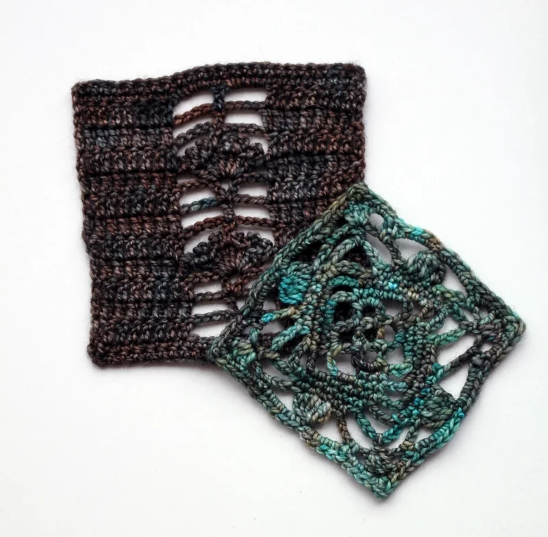 Swatches crocheted in #617/Verdegris and #605/Deep Forest