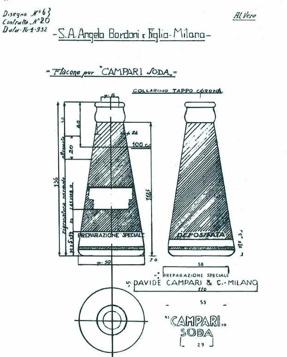 The original design for the Campari Soda bottle by Fortunato Depero in 1932. Image: Domus