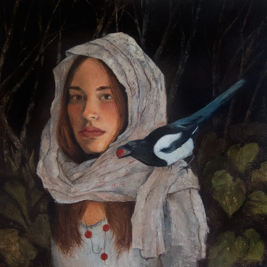   Helena and the magpie , 2017 Oil on canvas. 70x70cm  SOLD  