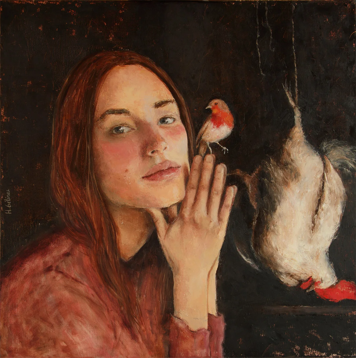   Helena and the red robin , 2017 Oil on canvas. 70x70 cm 