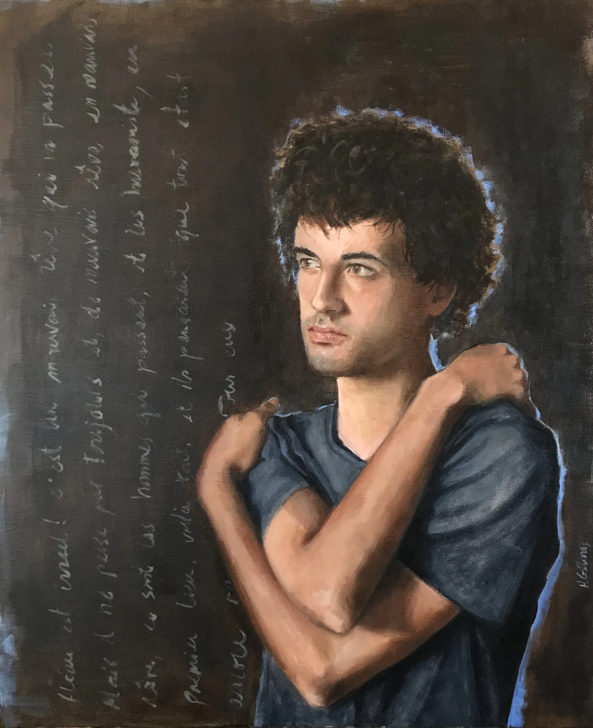   Alex confiné sur text de Albert Camus , 2020 Oil on canvas, 73x60cm  SOLD  
