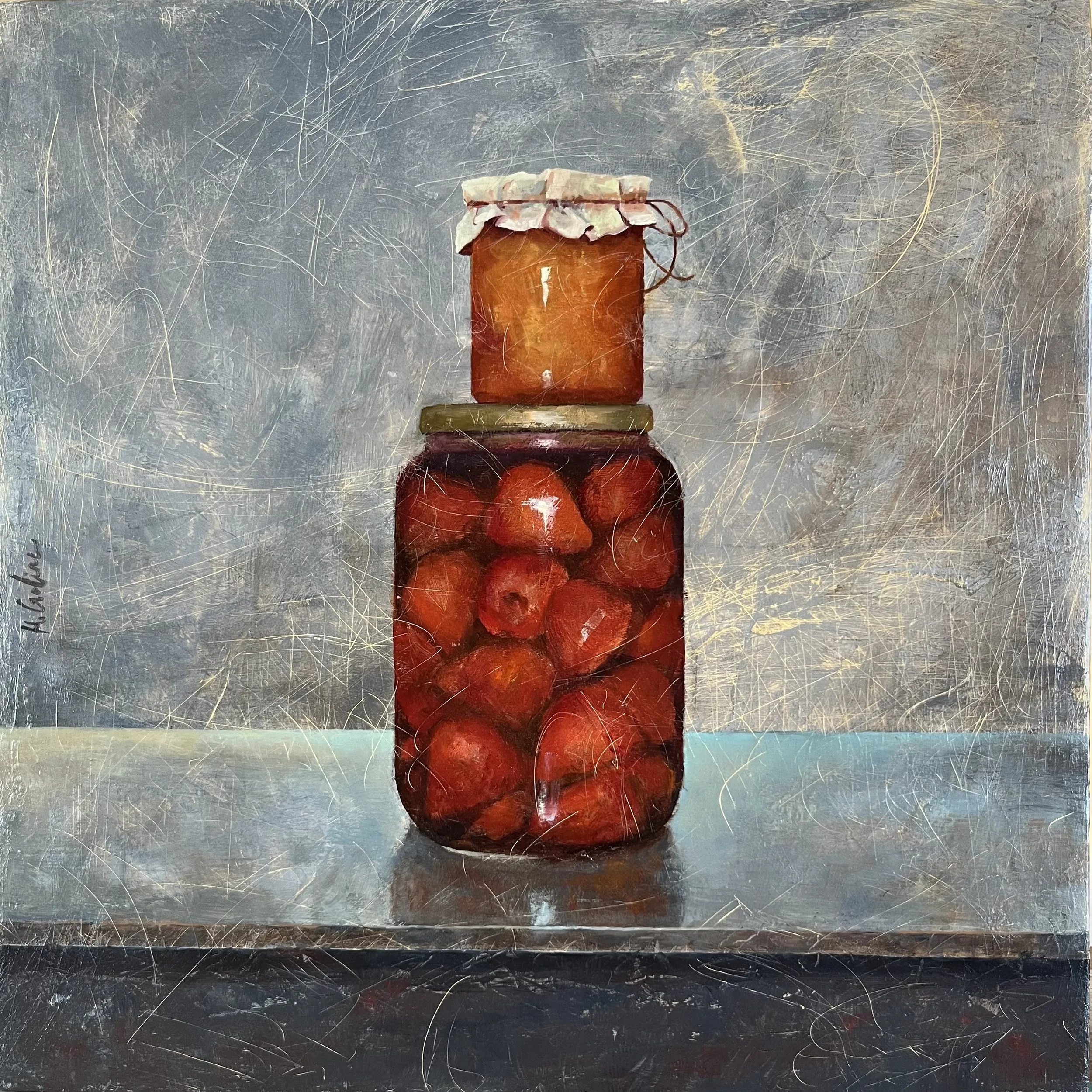   Rebost maduixa-albercoc , 2024 oil on wooden board, 30×30cm 