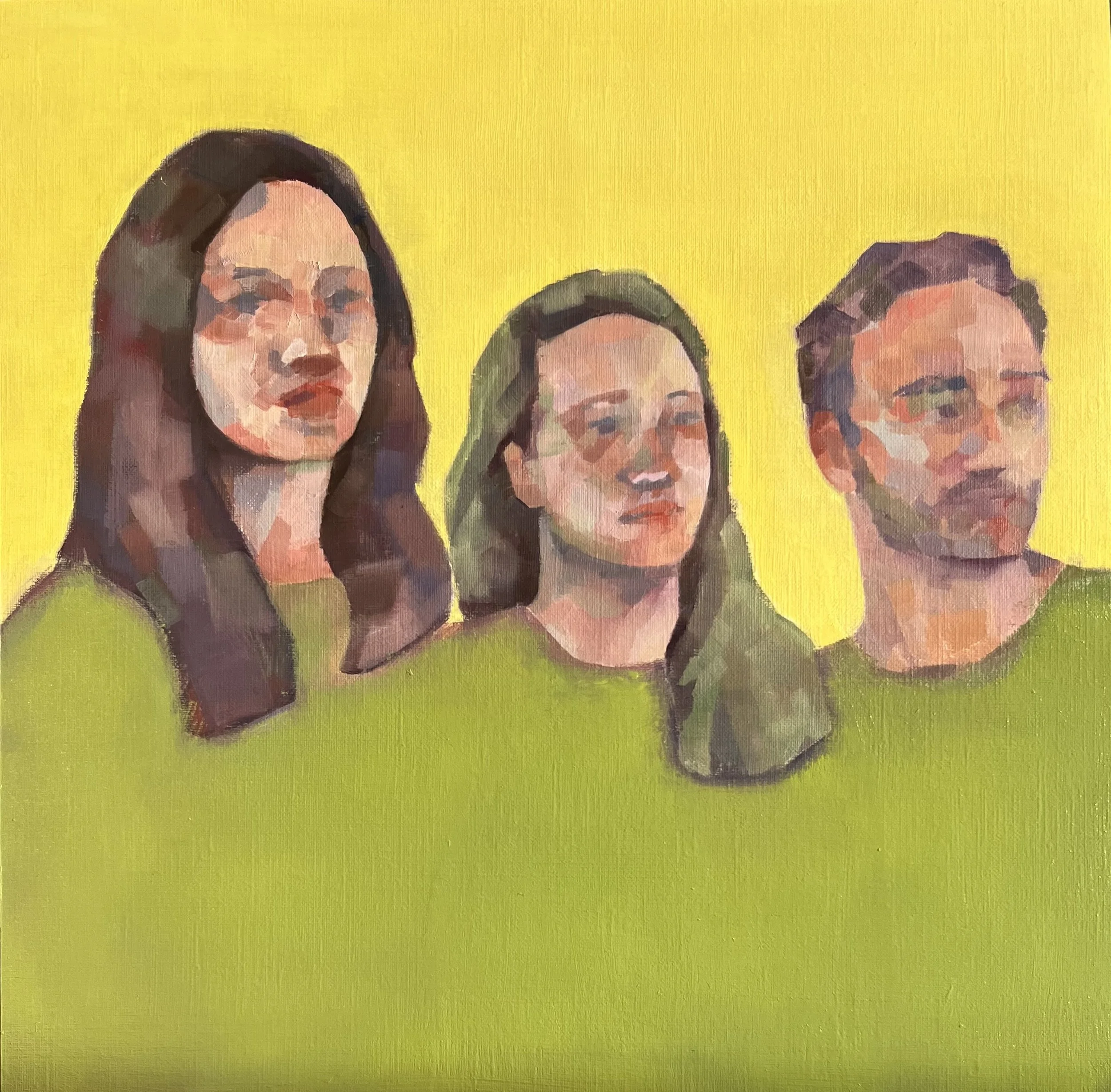   Family affair in green 2 , 2025 Oil on paper on wooden board, 31×31cm 
