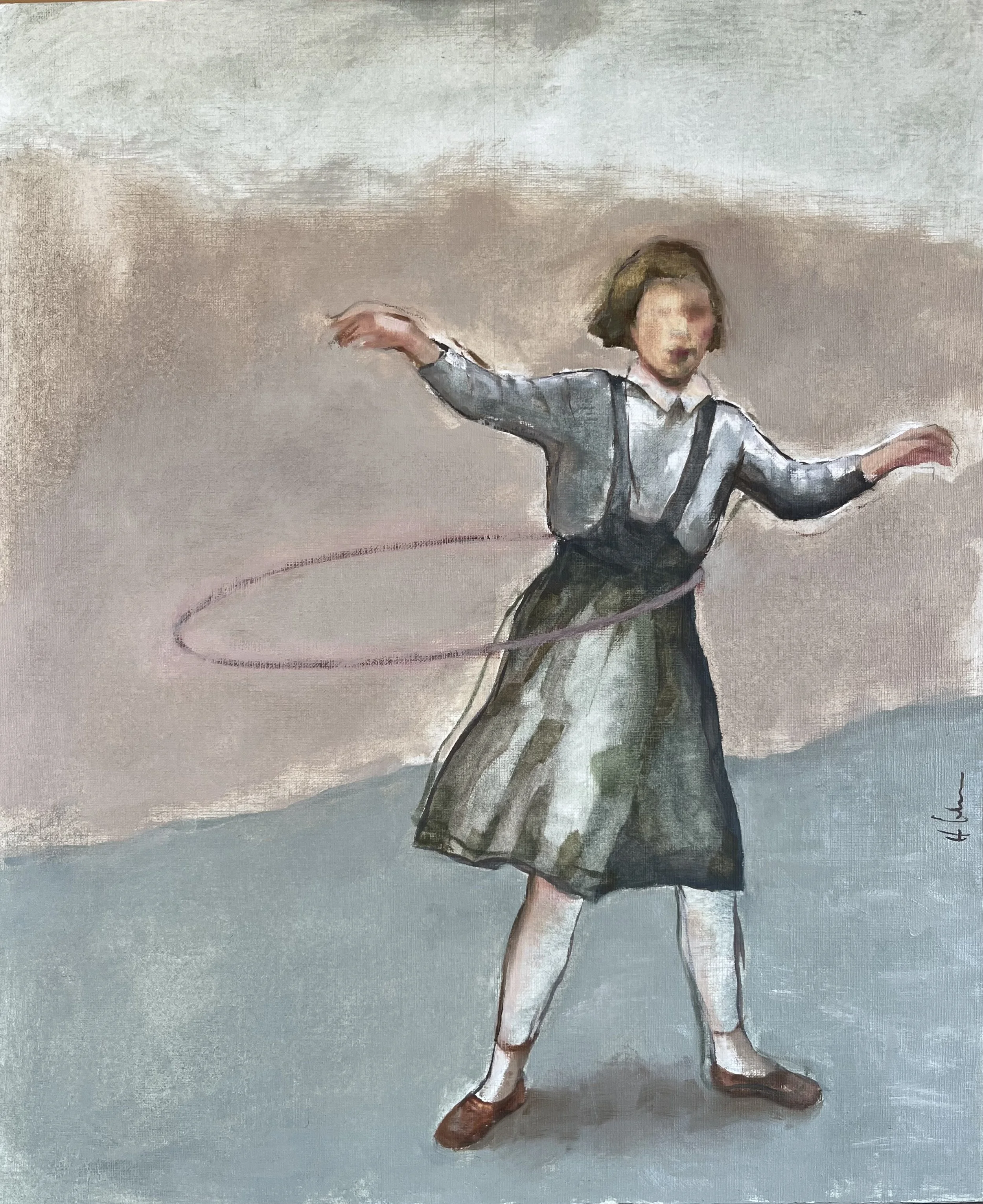   Family affair, Ella i el hula hoop , 2025 Oil on paper on wooden panel, 46×38cm 