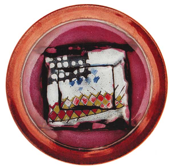 Platter 47cms., wax resist, multiple glazes