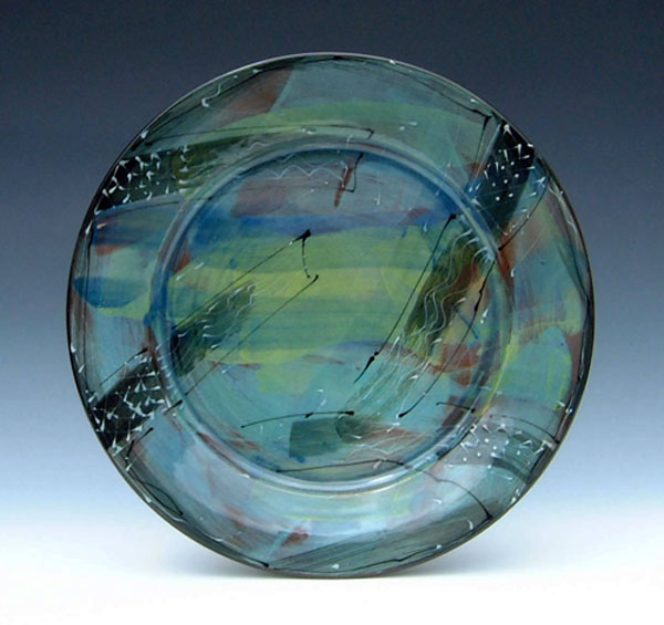 Large platter with brushed and trailed coloured slips