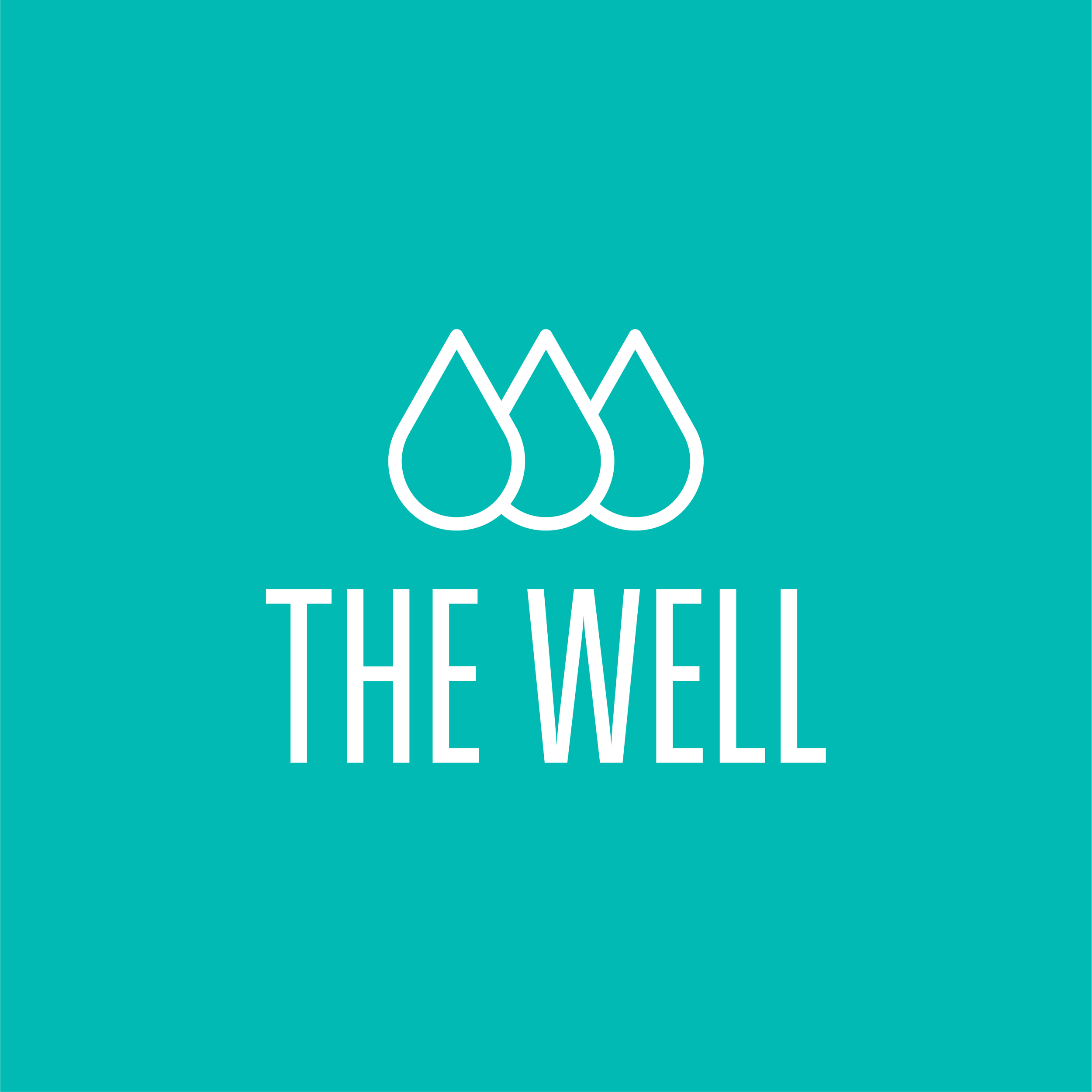 Large green billboard with white text that reads "Community Done Well" and "The Well Community Church" with a logo of three water droplets. The billboard is mounted on a red and beige striped pole against a clear blue sky.