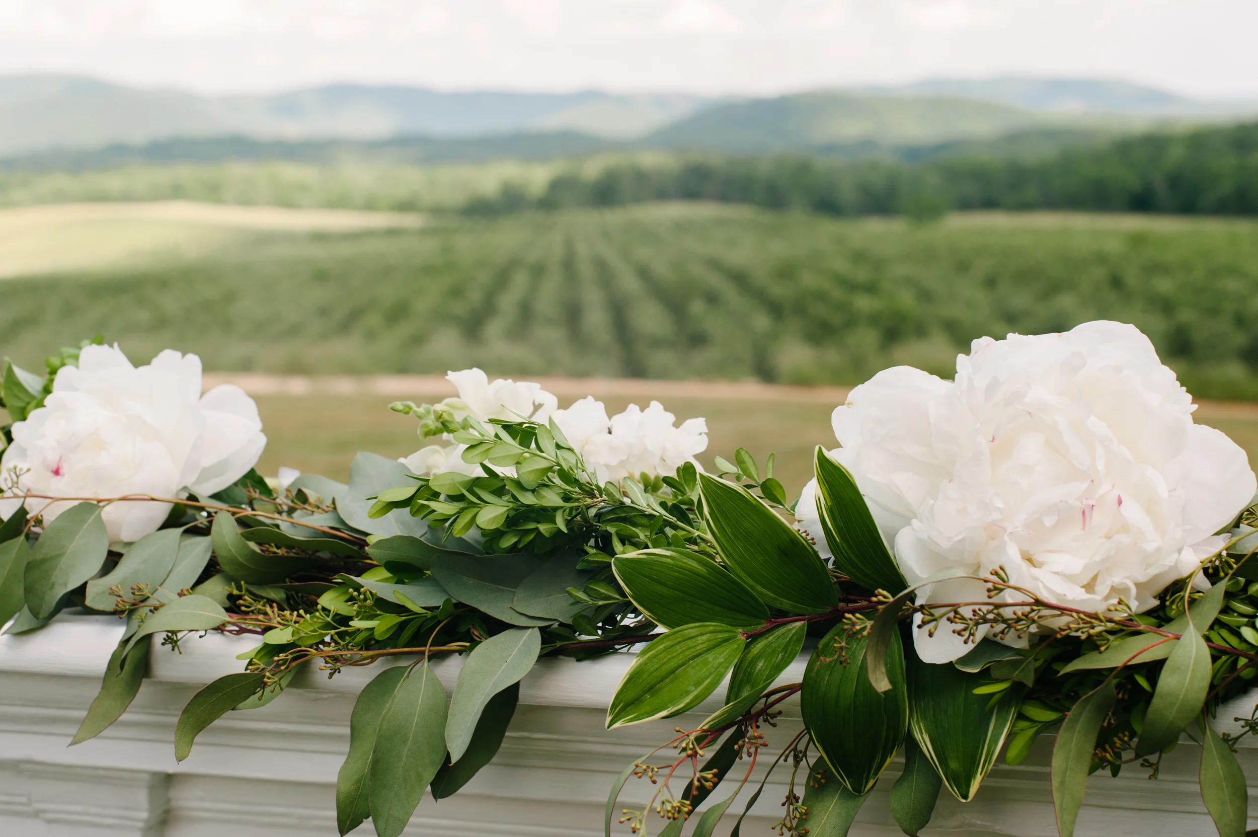 Pharsalia's Peonies in a hand tied swag on the Brides family's mantle for the ceremony.