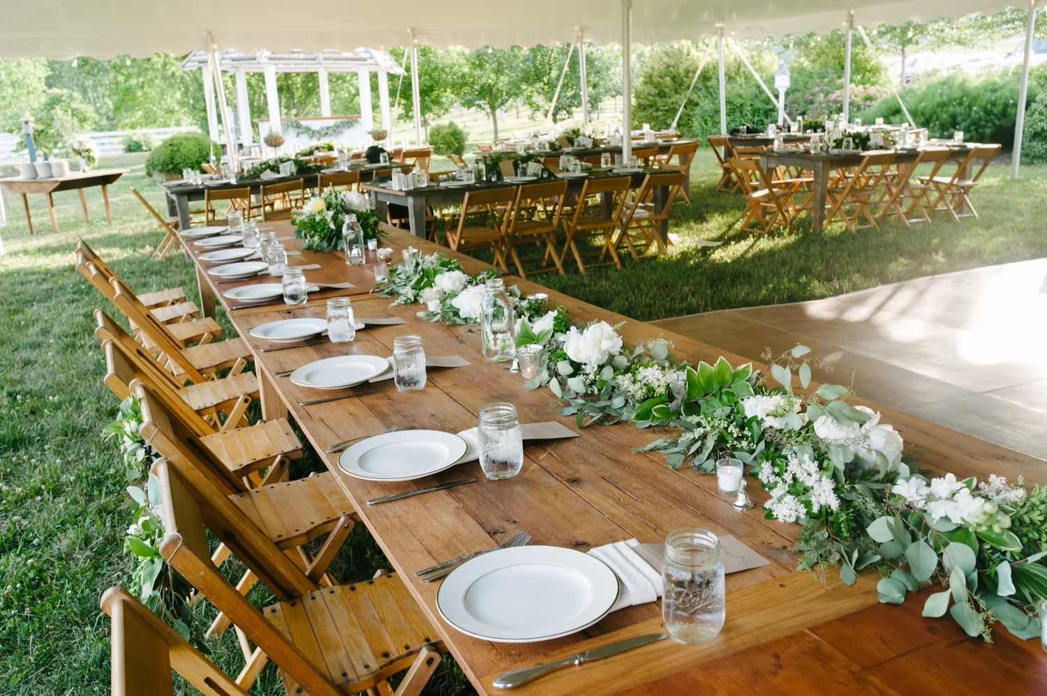 Hearpine, Cherry, Walnut and Oak Farm Tables $85 each, seat 10 guests with seating at the ends, 10 available.