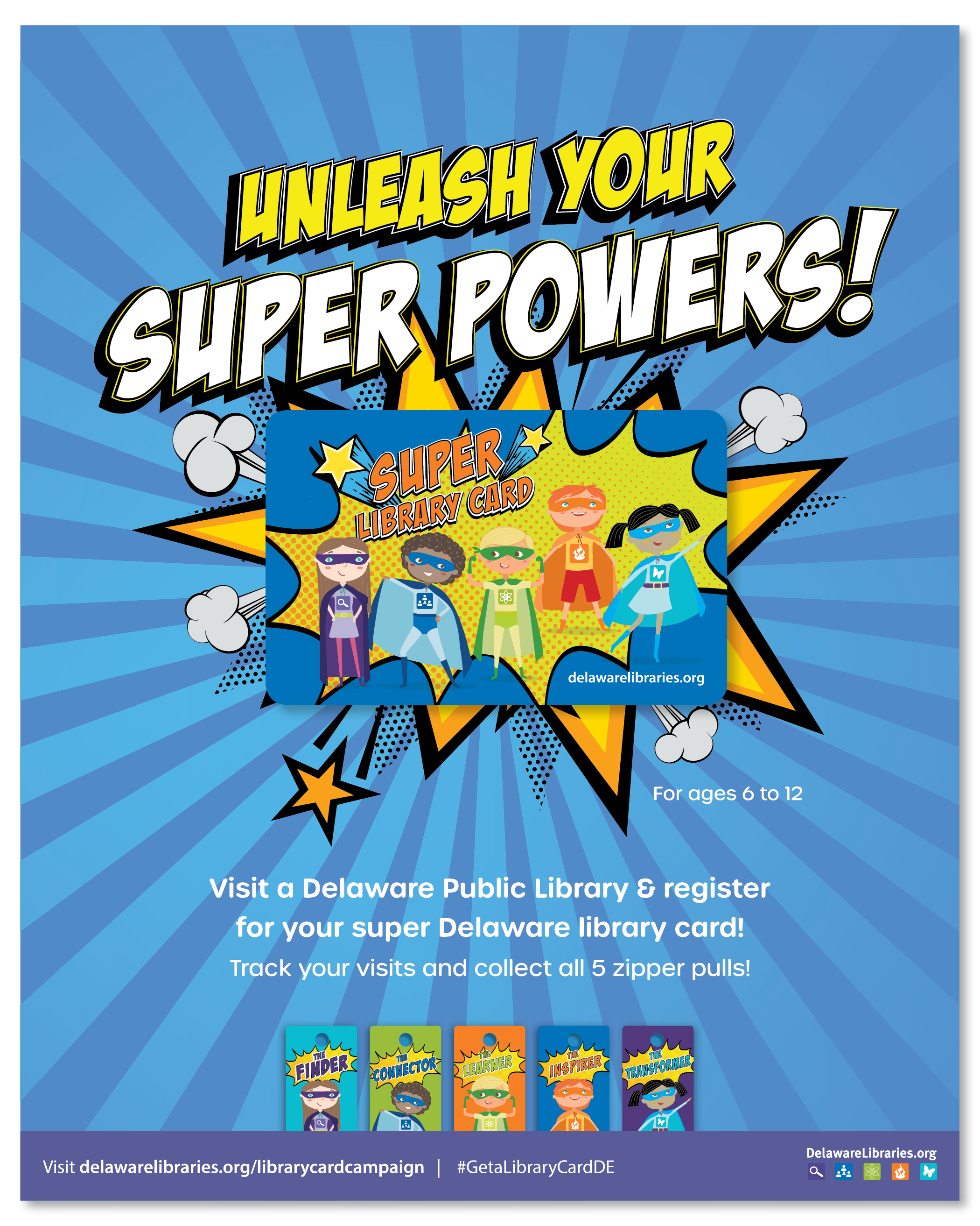 This ad ran in the DE Comicon Magazine September - October 2018 to promote the new Super Library Card. The blue rays relate this ad back to the banner up.