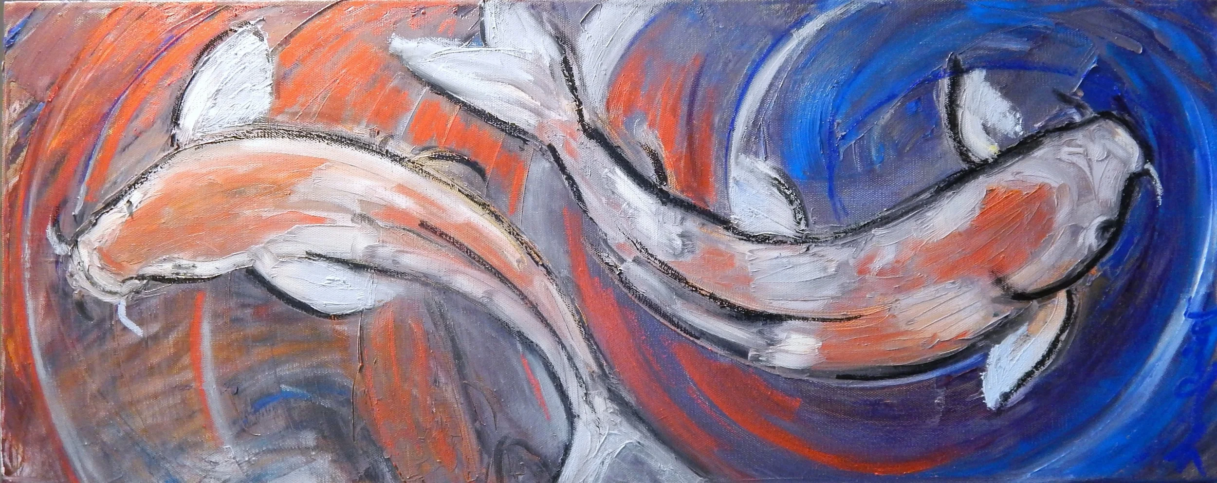 2 Koi Fish, Oil on Canvas 12x30