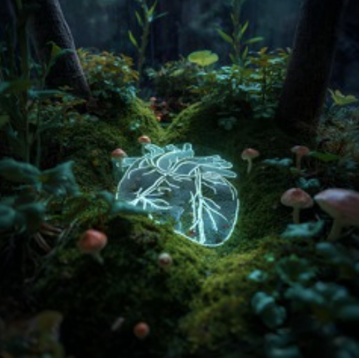 A glowing, neon outline of a human heart on a forest floor surrounded by moss, mushrooms, and greenery.