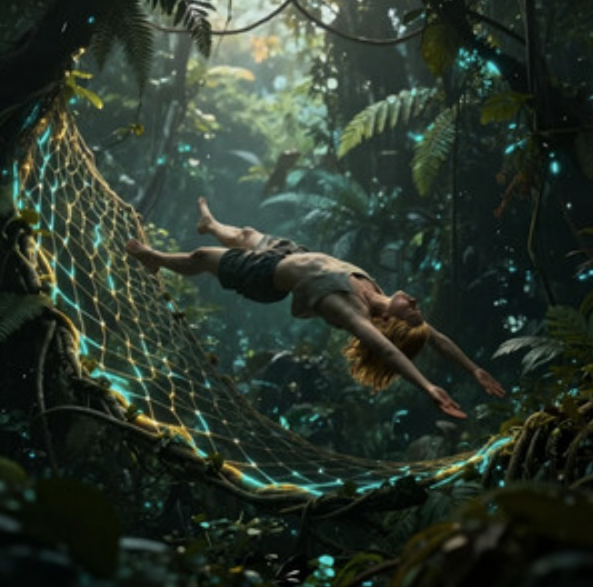 A woman with long blonde hair lying on a glowing net in a lush jungle, surrounded by dense green foliage and illuminated by mysterious blue-green lights.