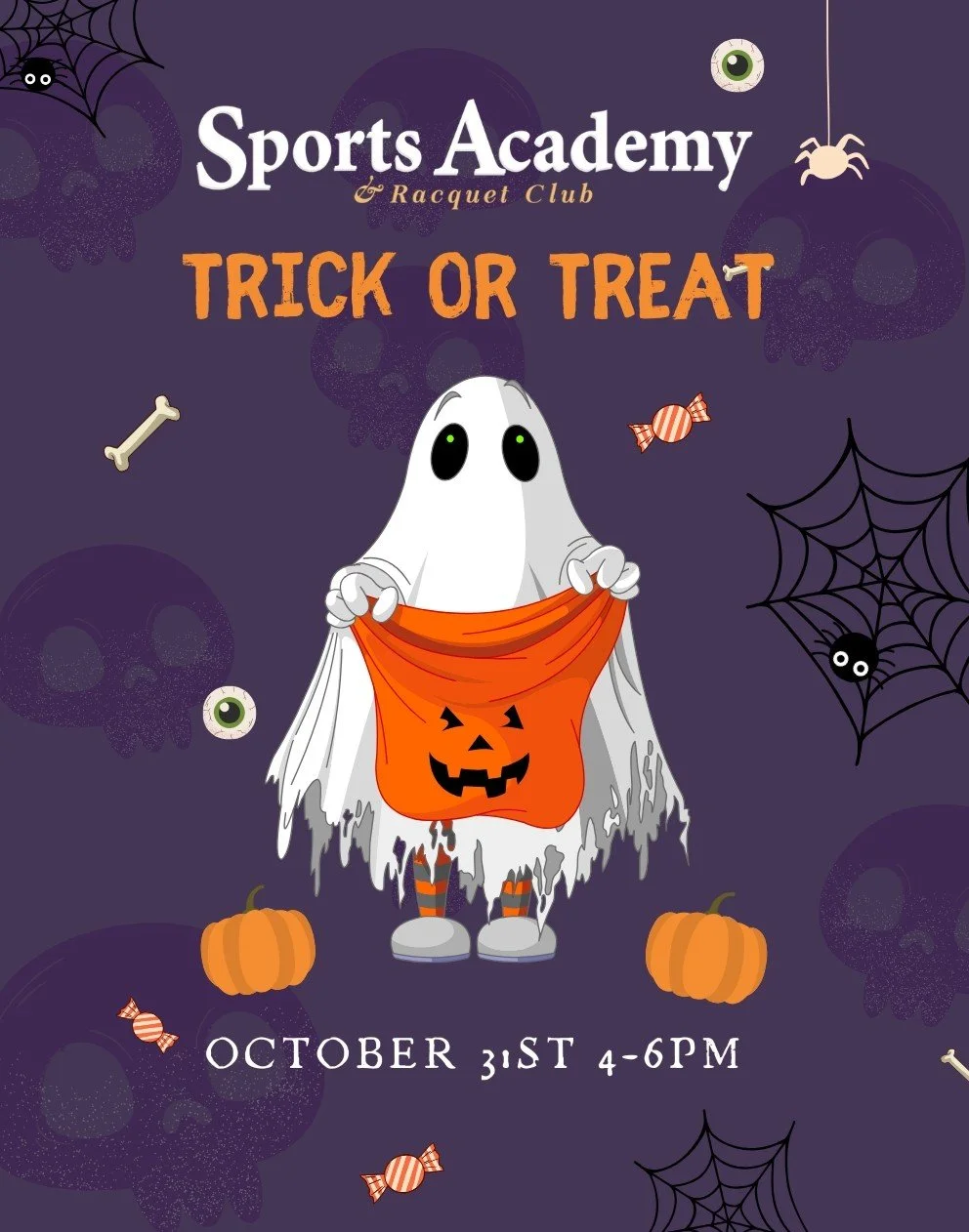 Join us for our annual Halloween Trick-or-Treat at Sports Academy!π»
Thursday October 31st from 4-6pm bring your little ghosts & goblins for lots of treats & minimal tricks πβ£
(Members only)
We will also be holding our annual costume conte