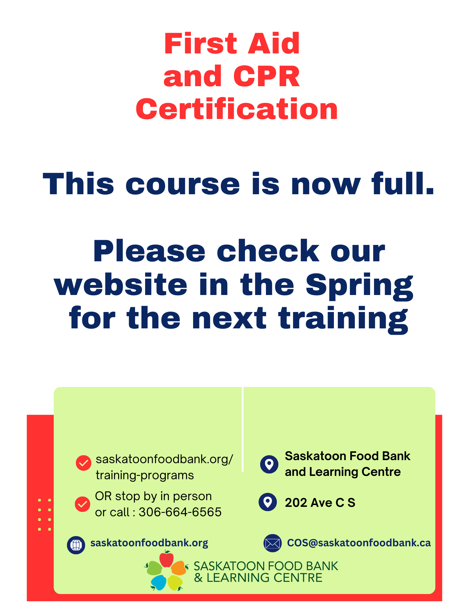 COURSE IS NOW FULL--First Aid/CPR 