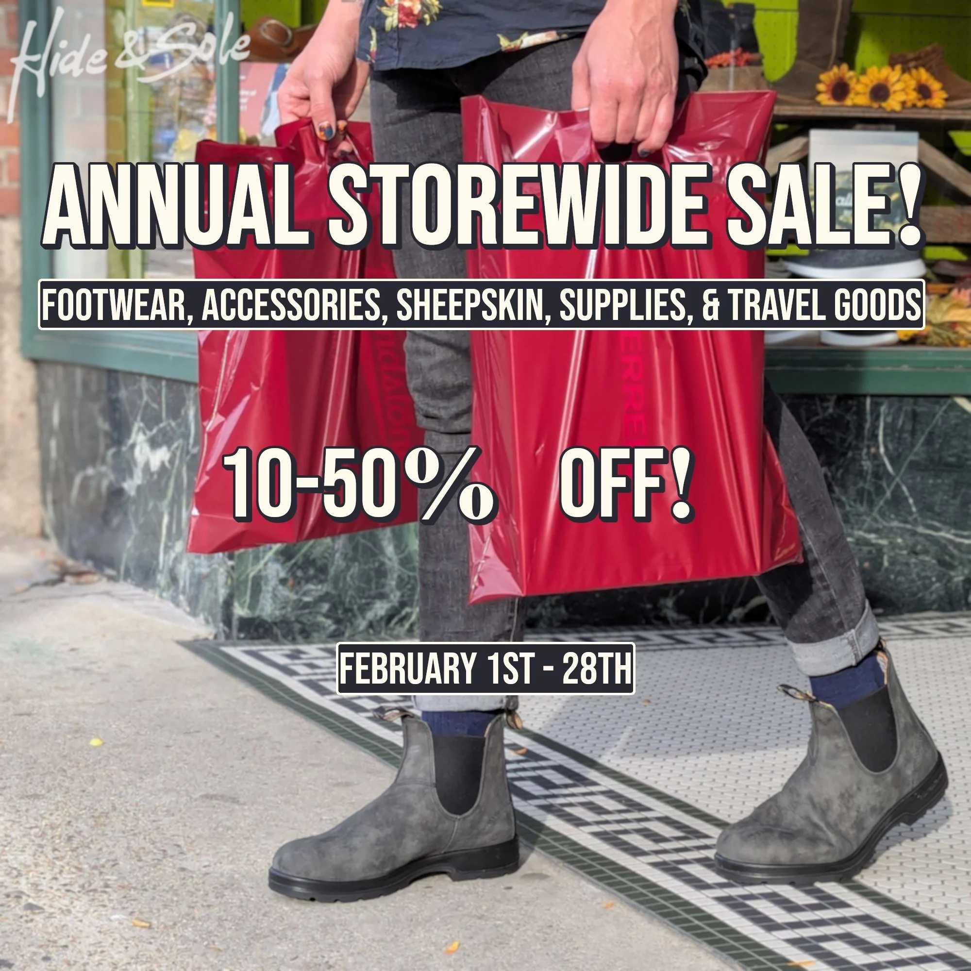Hey Missoula! It's that time of year again, the HIDE &amp; SOLE STOREWIDE SALE is back! Everything is 10 to 50% off all month long!!! Shop the best deals on Shoes, Boots, Socks, Hats, Purses, Wallets, Rugs, Leather, and so much more!!!

#ShopLocalMis