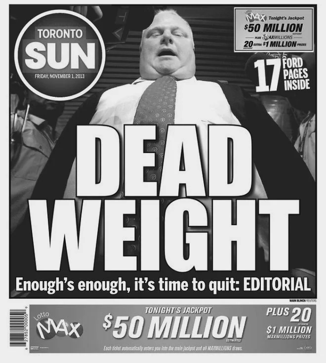 The Toronto Sun grows tired of Rob Ford, 2013.