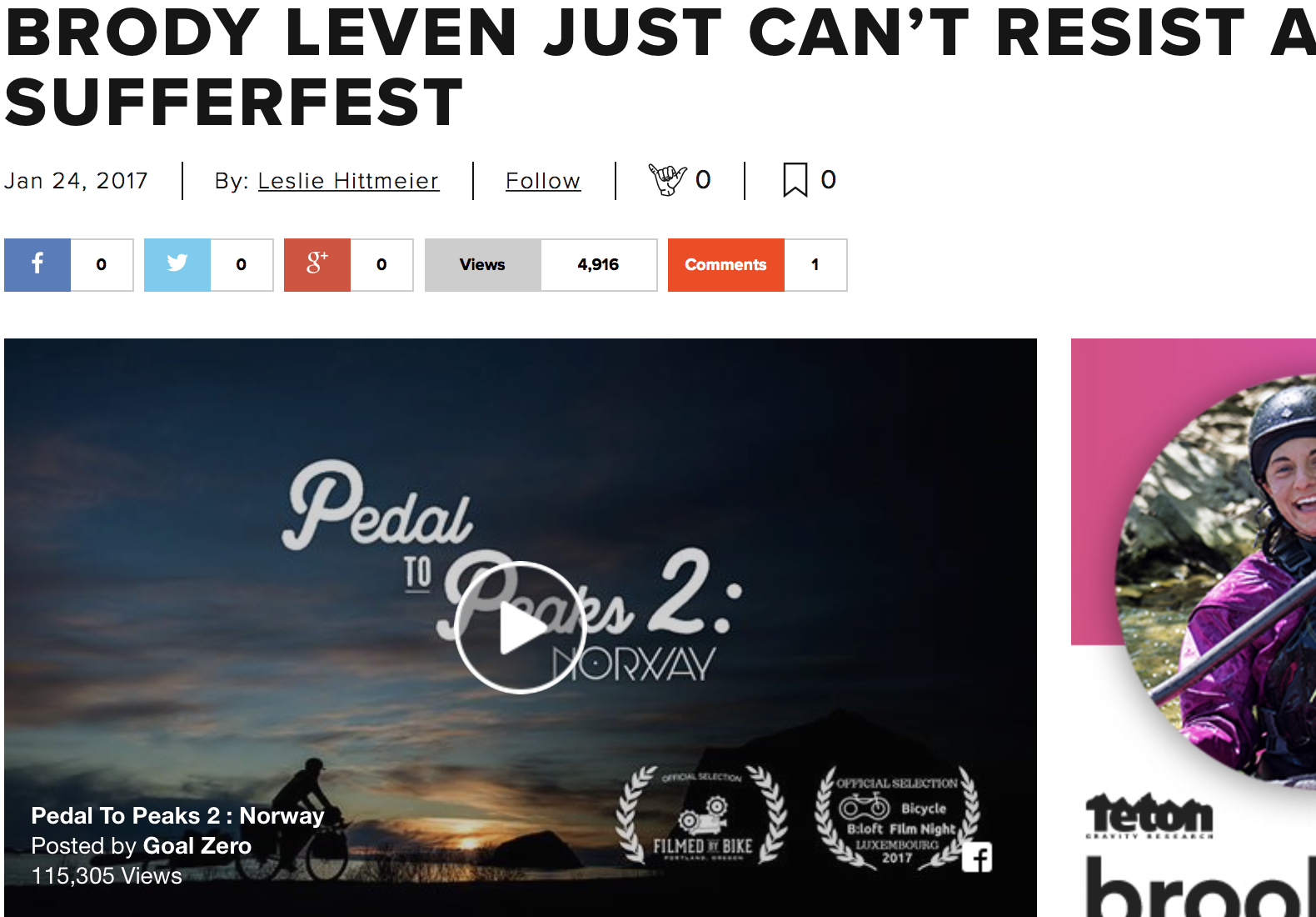   Brody Leven Just Can't Resist a Sufferfest   Teton Gravity Research  online article 24 Jan. 2017 