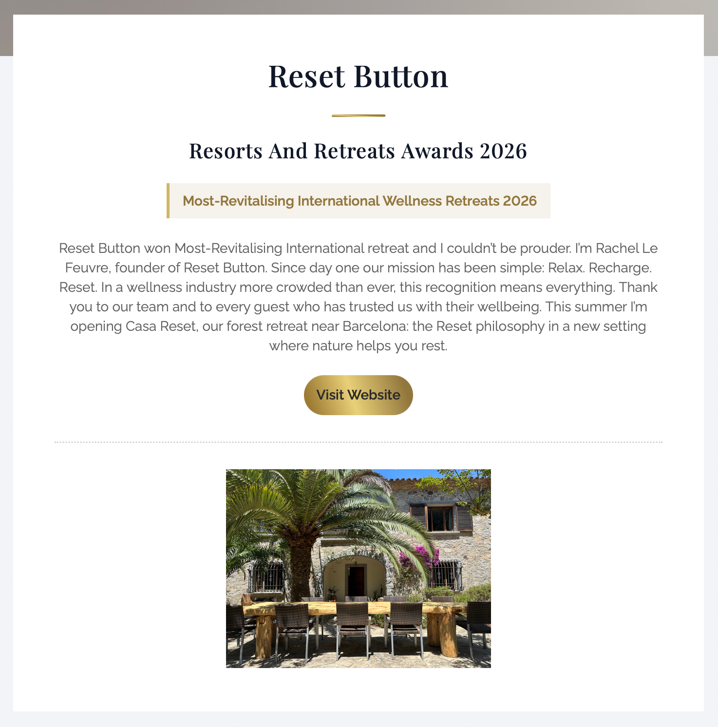 Winner in the International Wellness Retreat awards 2026