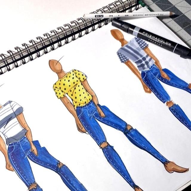 Cornflower Blue Jeans + Printed Tees are some of the trickiest surfaces to render.⁠
Online Fashion Illustration student Eric is serving us illustration perfection!⁠
⁠
✍️ @eric.baggetta⁠
⁠
What is your favorite print to illustrate? ⁠