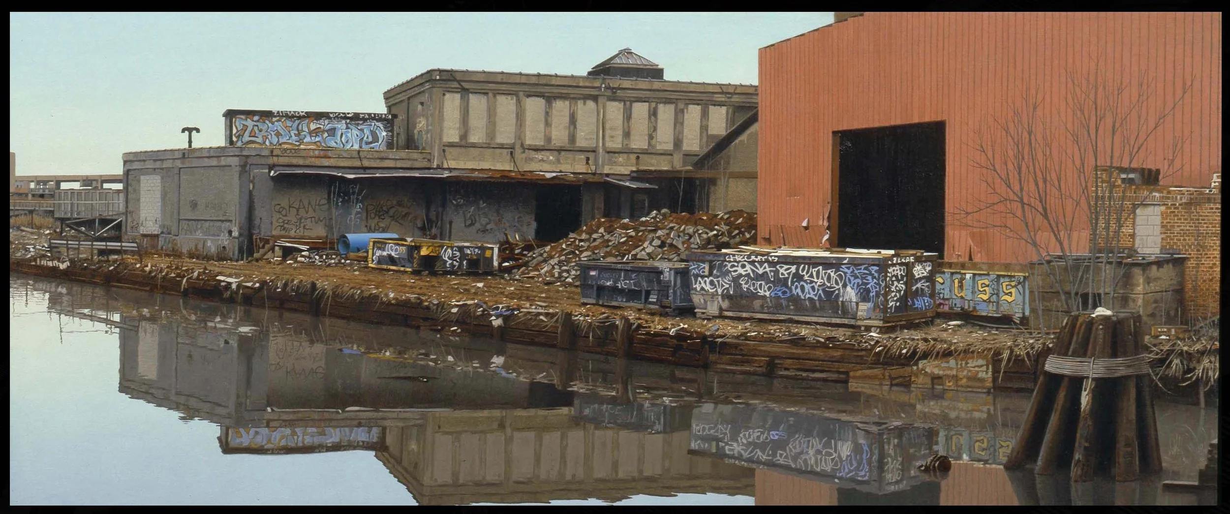 South from the Carroll St Bridge- Brooklyn  2003,   22 3/4" x 56"  oil on board