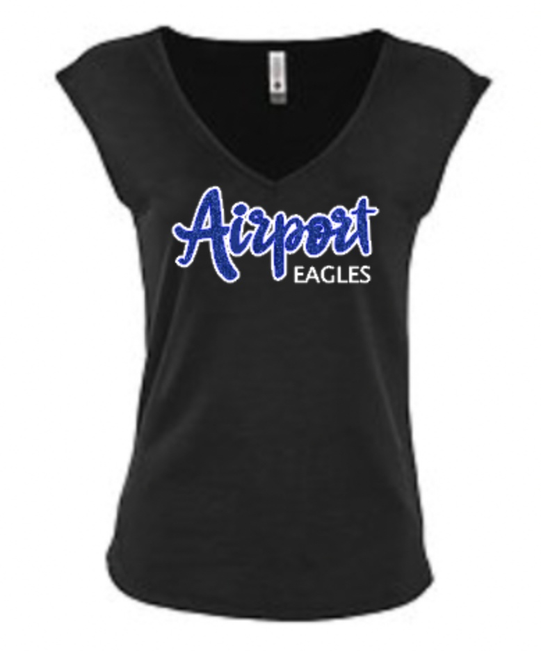 Airport Eagles cap sleeve ladies tee blak:blue glitter.png