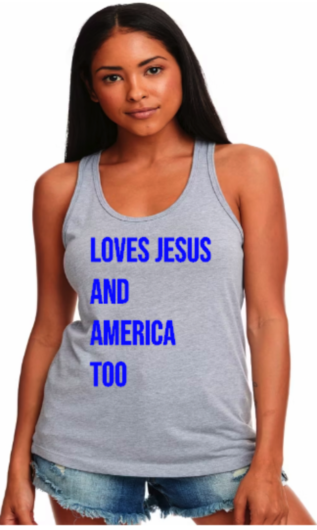 Loves Jesus and America Racer Back gray:blue.png