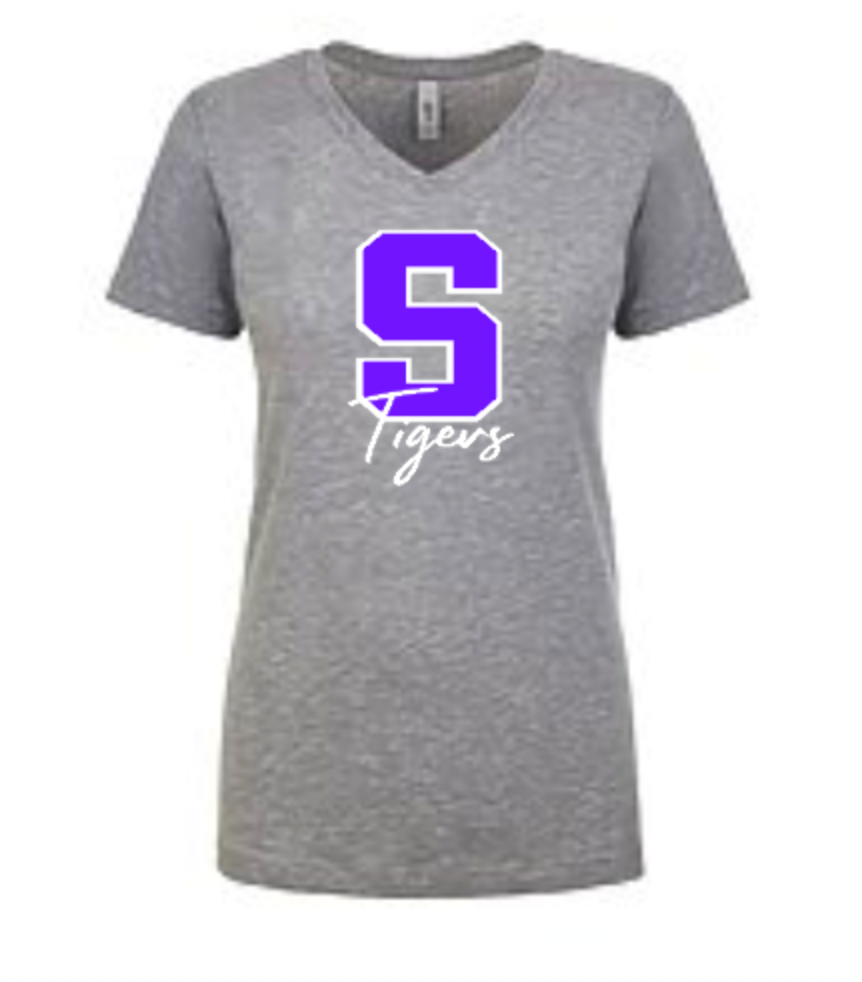 Saluda Tigers Logo ladies V SS Tee Gray.png