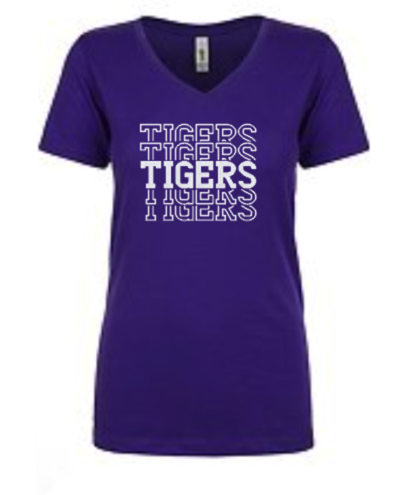 Saluda Stacked Tigers Ladies Short Sleeve Tee Purple.png