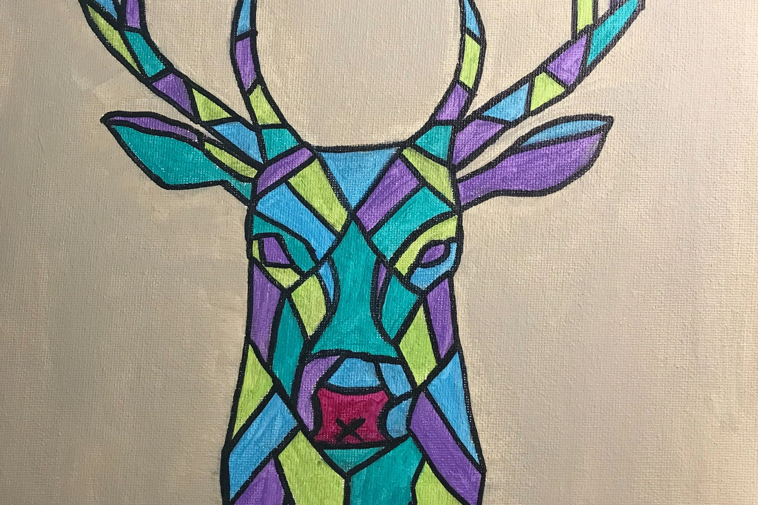 Painting of a stag made up of geometric shapes in a stained glass style