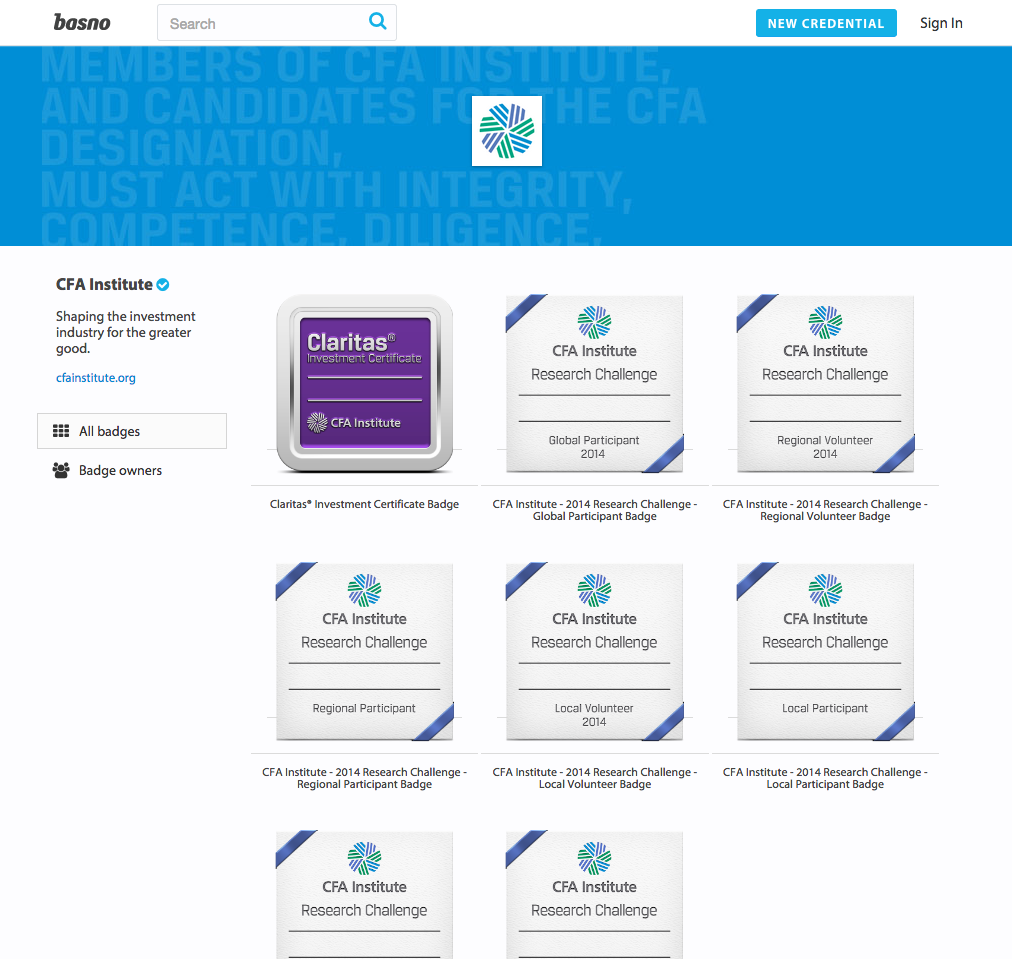 A collection of credentials from the CFA Institute&nbsp;(http://basno.com/issuers/cfainstitute).