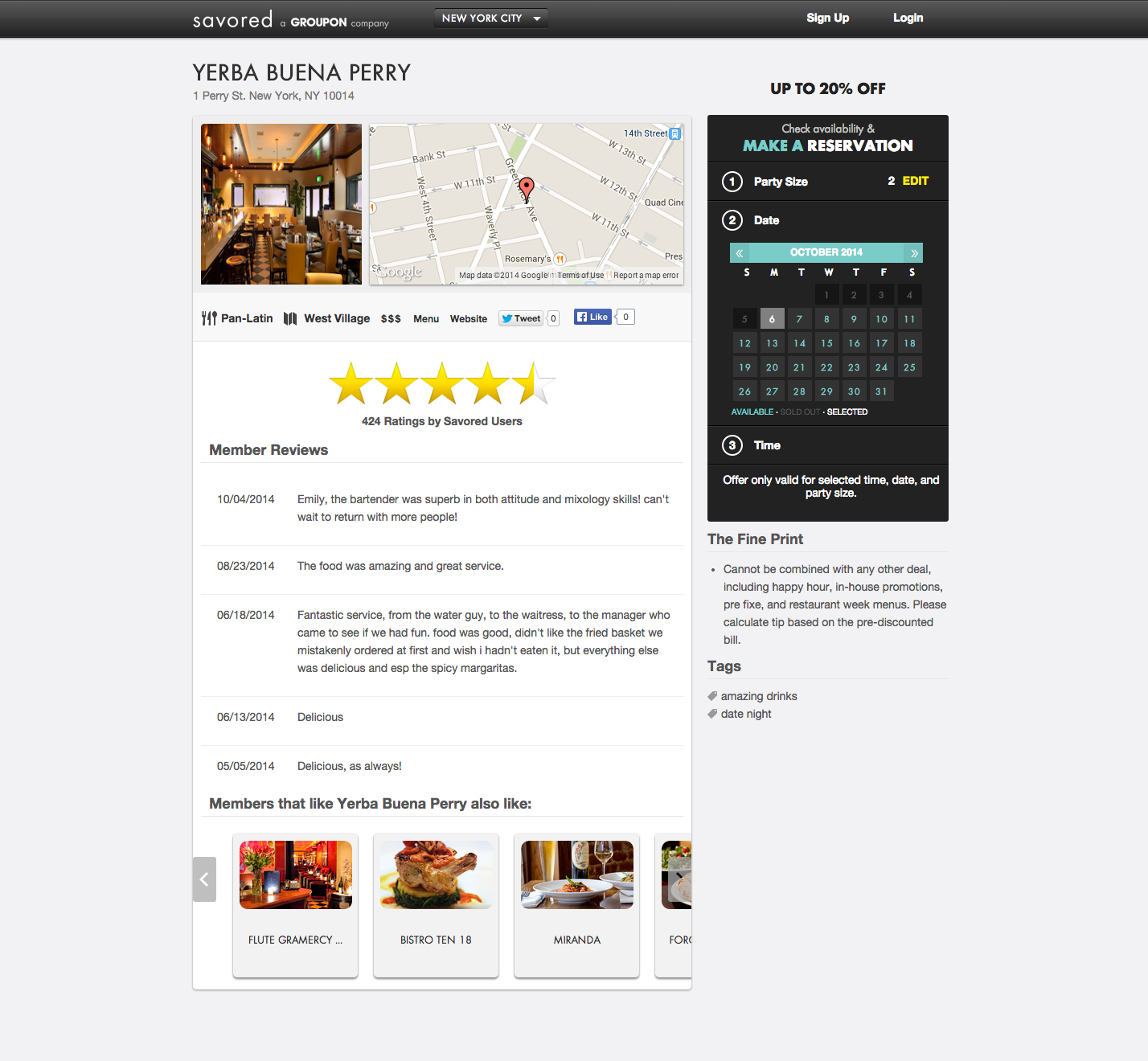A restaurant page on Savored.
