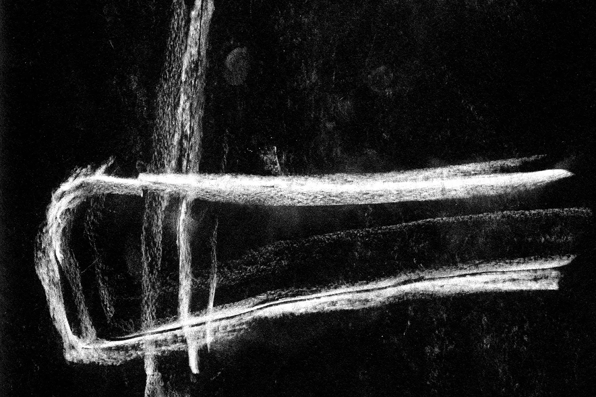 Divination through marks (table rubbing 5) , 2016. Charcoal and rice paper, digital inversion. 9” x 12”