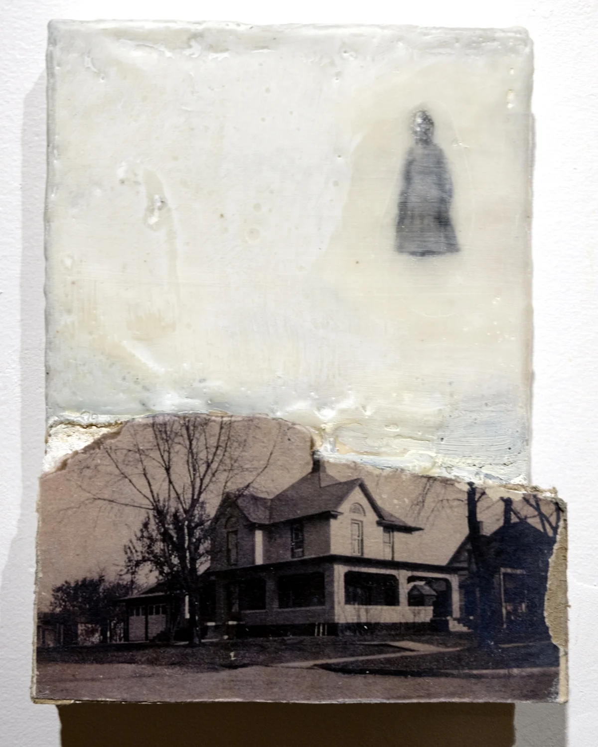 Apparitions , 2018. Xerograph transfer, encaustic, oil paint, drywall, 5” x 7” x 1.5”