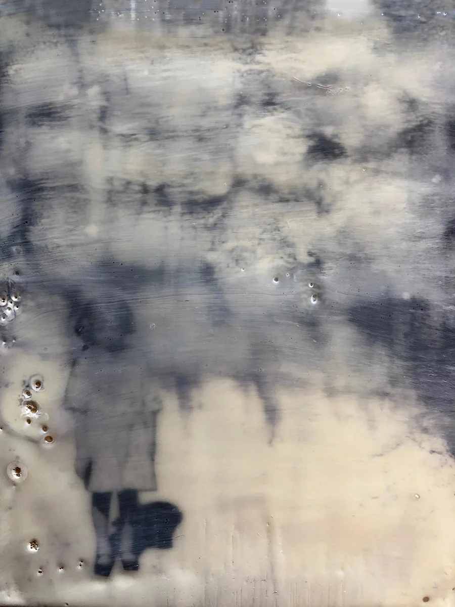 and I’m trying to remember when , 2019. Xerograph, encaustic, oil paint. 4” x 5”
