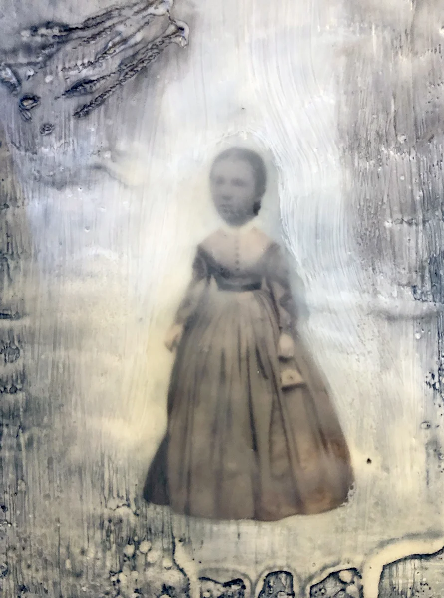Head and Sentiment , 2019. Xerograph, encaustic, oil paint. 5” x 7”