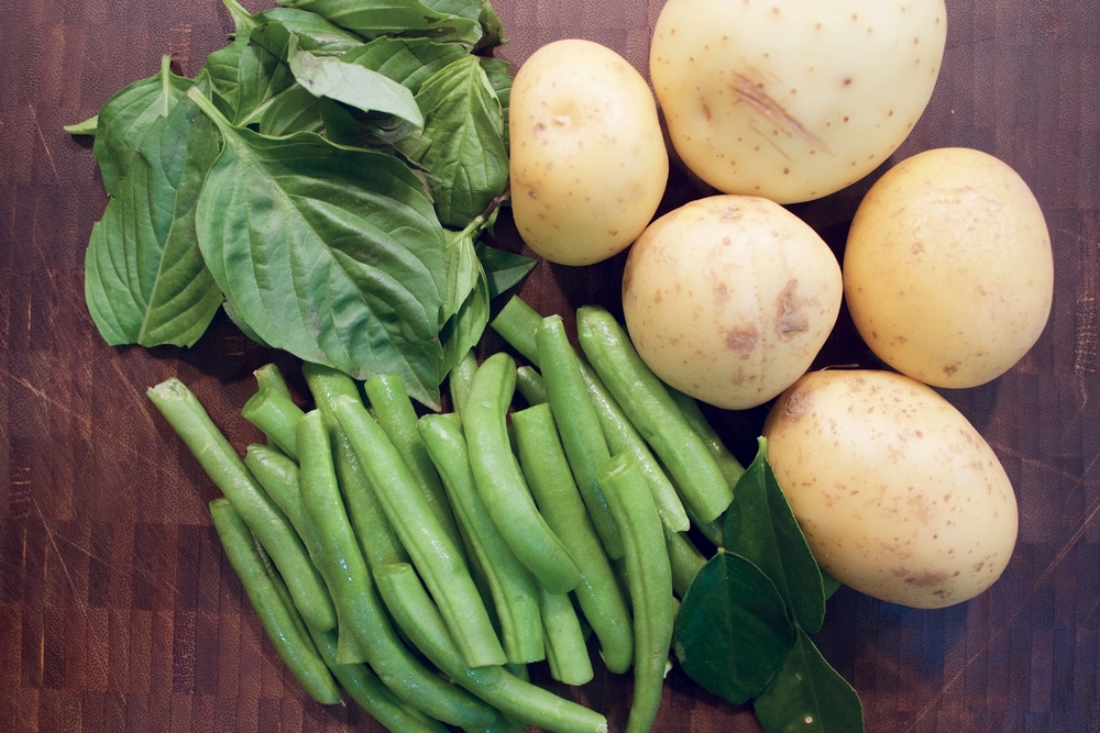  Thai basil, Yukon gold potatoes, green beans, kaffir lime leaves 