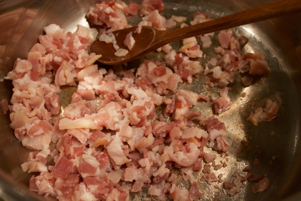 1) Add chopped bacon to heated saucepan